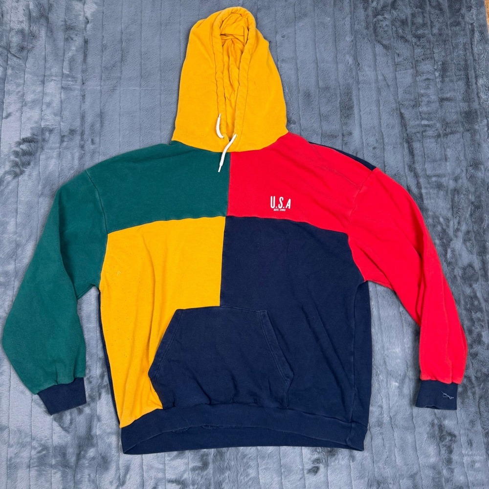 BDG Urban Outfitters Mens XL Colorblock USA Hoodie Sweatshirt Navy Red Yellow